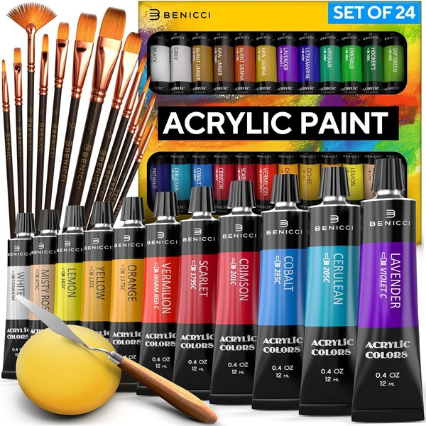 Benicci, Juego completo de pintura acrílica – 24 colores vivos pigmentos – 12 pinceles de arte con cuchillo de pintura y esponja – para pintar lienzo, arcilla, cerámica y manualidades, secado rápido