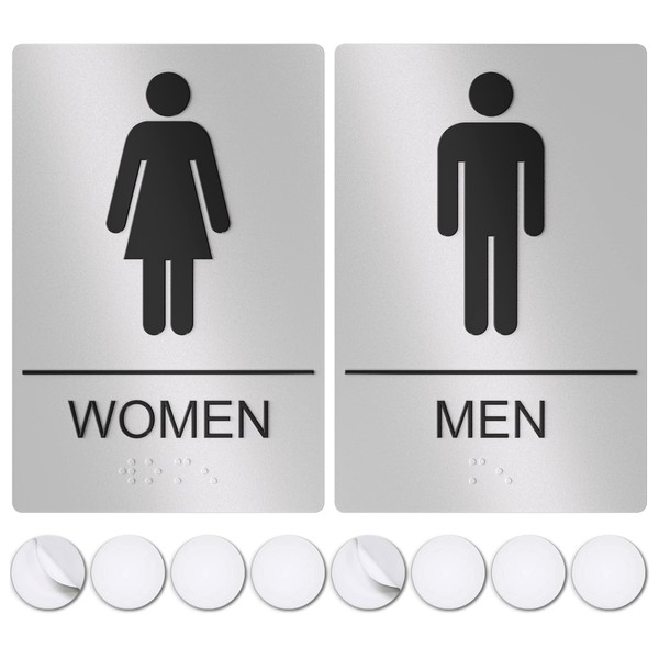 Restroom Signs, Bathroom Sign For Business - For Men and Women - 9" by 6" - ADA Compliant with Braille - Strong Double-Sided Adhesives Included - Apply to Office, Home or Public Door/Wall