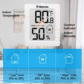 Geevon 2 Pack Hygrometer Indoor Thermometer Room Humidity Gauge with Battery, Digital Temperature Gauge Humidity Meter Indicator for Home, Office, Greenhouse, Mini Hygrometer,White