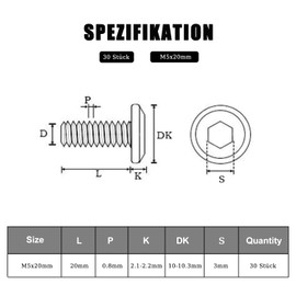 Pack of 30 M5 x 20 Flat Head Screws Stainless Steel A2 V2A Hexagon Socket Fully Threaded with Allen Key