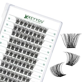 Cluster Eyelashes, 96 Pieces, Individual Eyelashes, D Curl, 12 mm Cluster Eyelashes, KEYYOU Volume Wispy Eyelash Extension, Soft & Comfortable, Easy DIY at Home (Y11 D-12 mm)