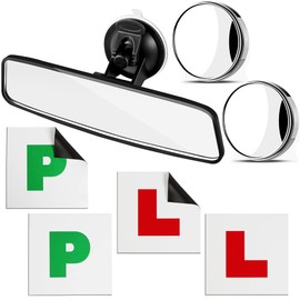 Anti Glare Universal Rear View Mirrors - with Adjustable Large Suction Cup, and 2 PCS 360° Wide Blind Spot Mirrors, 4 PCS Fully Magnetic Red Car L Plates and Green P Plate