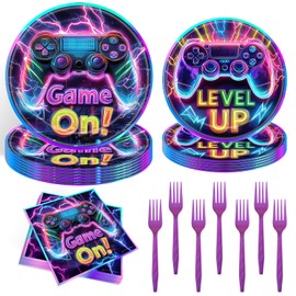 96 Pcs Video Game Birthday Decorations Gaming Party Supplies Includes Plates and Napkins, Forks for Kids Boys Teens Adults Neon Video Game On Birthday Party Decor