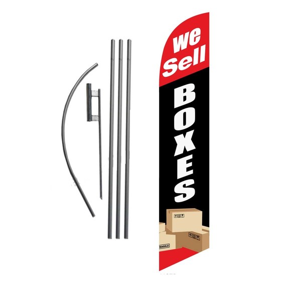 We Sell Boxes Advertising Feather Banner Swooper Flag Sign with 15 Foot Flag Pole Kit and Ground Stake, Red and Black