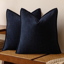 VOILYBIRD Pack of 2 Decorative Accent Throw Pillow Covers, Modern Pillow Covers on Couch Sofa Bed, Faux Leather Design Chenille for Living Room Home Decor, 18x18 Inch, Navy Blue