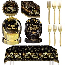 Happy New Year Party Decorations Tableware Set, Black and Gold Disposable Paper Party Supplies for Plates, Napkins, Tablecloth, Forks for New Year's Eve Party Celebration (81 Pcs)