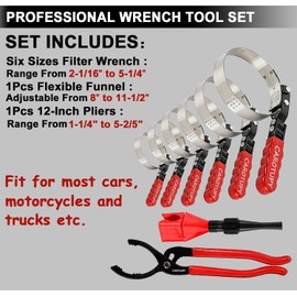 CAROTUPY 8pcs Oil Filter Wrench Set, 12" Adjustable Oil Filter Pliers with Flexible Oil Funnel, Oil filter Removal Tool Adjustable from 1-1/4"-5-2/5"