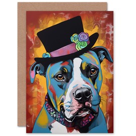 Artery8 Top Hat Pitbull Dog Lover for Him or Her Man Woman Birthday Thank You Congratulations Blank Art Greeting Card