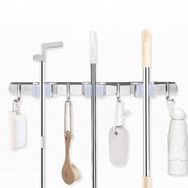 DGSL 1 PCS Broom Holder Wall Mount with 3 Racks 4 Hooks, Stainless Steel Wall Mounted Organizer Mop and Broom Storage Tool Rack for Home Kitchen Garden