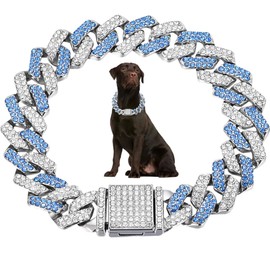Blue Dog Chain for Small Dogs,Cuban Link Dog Collar Bling Necklaces Cats Metal Crystal Sparkly Diamond Rhinestone Puppy Collars for Small Medium Large Pets Gilrs Female Boys,Silver Blue 8 inch