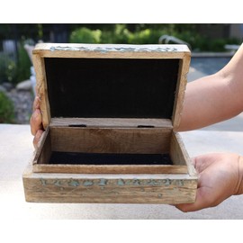 DharmaObjects Triple Moon Hand Carved Jewelry Trinket Keepsake Wooden Storage Box (Turquoise, Large)