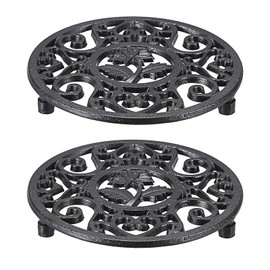 SUMTree 2pcs Round Cast iron Teapot Trivet, Decorative Heavy Duty Hot Pot Holder Mat, Vintage Chrysanthemum Pattern Cast Iron Trivet with Rubber Pegs for Kitchen Dining Table, 13.6 * 13.6 * 2cm