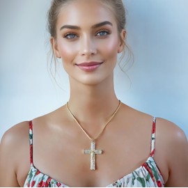 Jovialpixie 14K Gold CZ Gems Oversized Jesus Crucifix Cross Pendant Women Necklace (Box Included) Inspirational Christian Jewelry for her (Baptism, Christmas, Confirmation)
