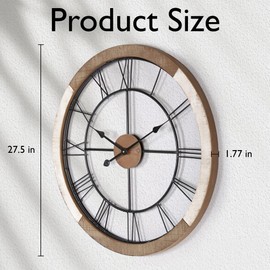 Oakrain Wall Clock for Living Room Decor, 27.5'' Big Clock for Office, Rustic Wall Clock Battery Operated, Distressed White Roman Numeral Clock, Round, Wood
