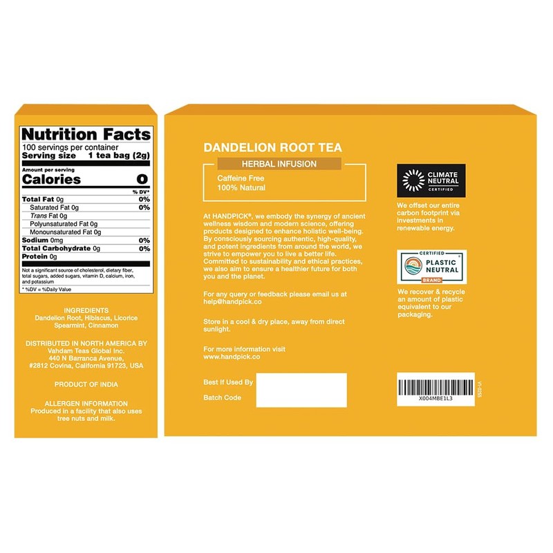 HANDPICK, Dandelion Root & Leaf Tea Bags (100 Herbal Tea