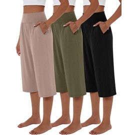 Neer 3 Pack Women Capri Pants, Cotton Wide Leg High Waist Crop Lounge Sweatpants Summer Yoga Casual Workout Pants with Pocket(Black, Olive Green, Mocha,Large)