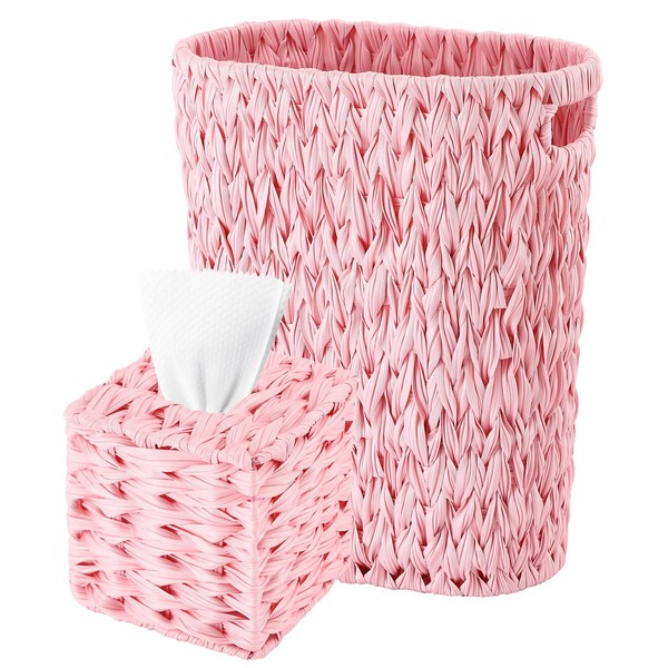 Wicker Trash Can & Square Tissue Box, Handwoven Waterproof Waste