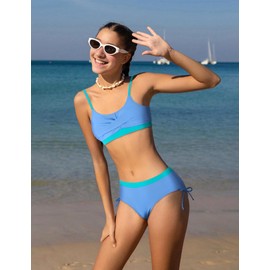 Gaupafmb Girls Bathing Suits Size 7-8 2PCS Color Block Adjustable Shoulder Straps Top with Drawstring Bottoms Girls Bikini