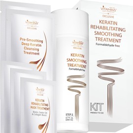 VITAMINS hair cosmetics Keratin Hair Treatment Straightening Kit - Hair Straightener Smoothing Set - Formaldehyde Free Product Complex - Tratamiento de Keratina para Alisar el Cabello sin Formol