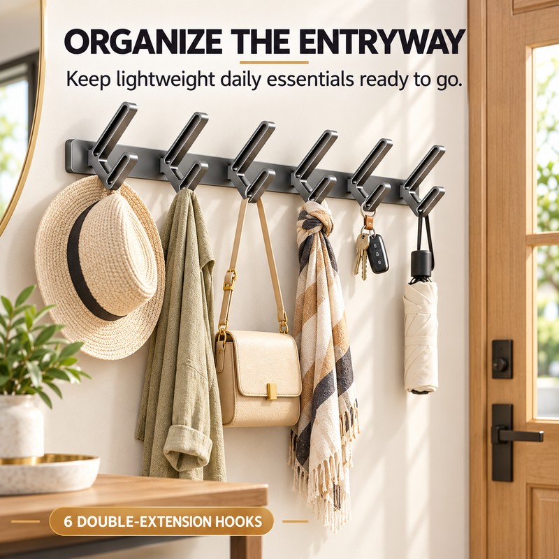 No-Drill Aluminum Wall Hooks for Clothes & Towels – 6-Hook