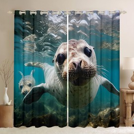 Feelyou 3D Sea Lions Window Curtains for Bedroom Living Room Ocean Themed Blackout Curtains for Kids Boys Girls Cute Sea Animals Window Drapes Treatments Soft Grommet Curtain, 38W X 54L,2 Panels