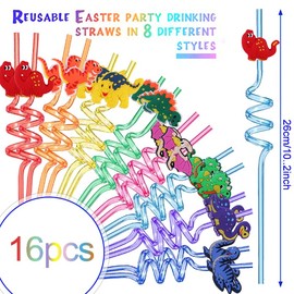 Reusable Dinosaur Theme Birthday Party Straws, Jungle Dinosaur Theme Plastic Curly Straws Theme Straws For Dinosaur Party Decoration Supplies Birthday Party Favors,With 2 Pcs Cleaning Brushes(16 Pcs)