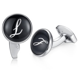 HONEY BEAR Initial Alphabet Letter Cufflinks Round for Mens Wedding Gift L Black