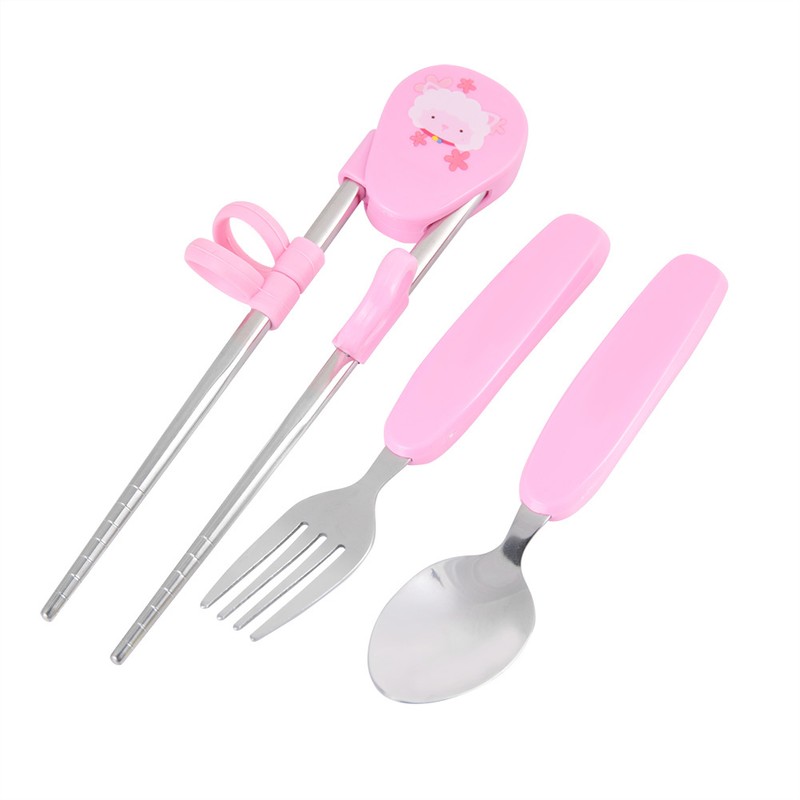 3Pcs/Set Stainless Steel Spoon Fork Chopsticks Child Cutlery Kids Training