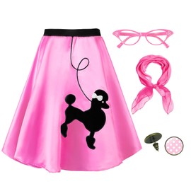 Knemksplanet Women's 50s Poodle Midi Skirts 4Pcs 1950s Costume Accessories Outfit Scarf Eyeglasses Polka Dot Earrings Pink