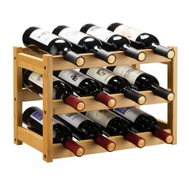 VASMIA Bamboo Wine Rack, Sturdy and Durable Wine Storage Cabinet Shelf, Wine Racks Countertop for Pantry,Kitchen,3-Tier 12 Bottles Wine Rack Natural