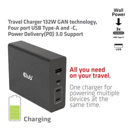 CLUB3D Travel Charger CAC-1906 132W GAN Technology, USB Type-A and -C with Four Ports, Power Delivery (PD) 3.0 Support