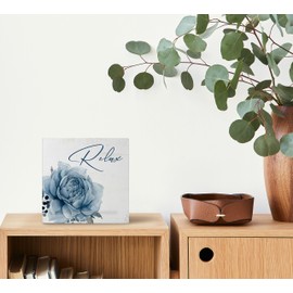 Mtrgdn Bathroom Decor Wooden Sign, Funny Vintage Wooden Box Decor for Spa Beauty Salon,Relax Unwind Box Sign Plaque Decor, Blue Flower Wooden Decor for Bedroom Living Room 5X5 Inch