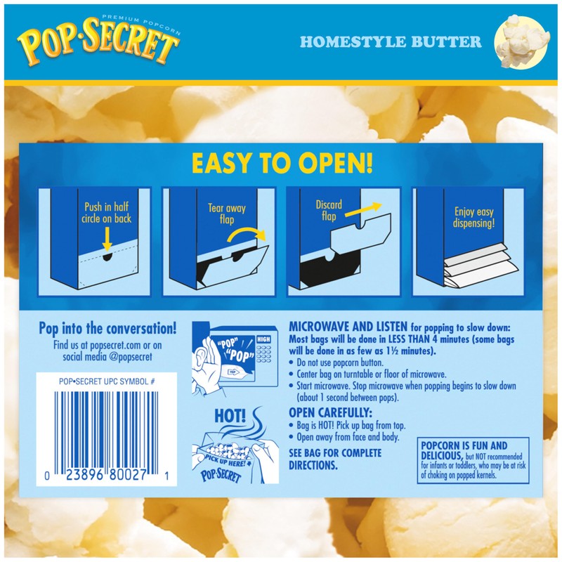 Pop Secret Popcorn, Homestyle Butter Microwave Popcorn, 3 Ounce (Pack