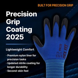 DEX FIT Nylon Work Gloves FN320, 3D Comfort Fit, Power Grip, Lightweight, Touchscreen for Men & Women, Breathable & Flexible for Yard Work DIY Mechanic Warehouse; Black 8 (M) 3 Pairs