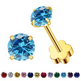 VDKIDKT Flower Screw Back Birthstone Stud Earrings for Women Girls, 3mm G23 Tiny CZ Flat Back Stud Earrings, Screw Back Helix Earrings (Gold, 3.Mar-Aquamarine)