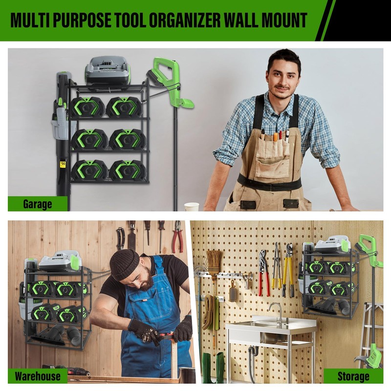 Black Alloy Steel Power Tool Organizer Wall Mount, 4-Tier Shelf,