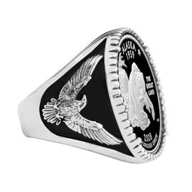 US 2008 Alaska State Quarter BU Uncirculated 90% Silver Proof Coin 925 Sterling Silver Signet Ring NEW - American Eagle Design (10)