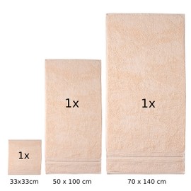 Comfy Wings 3-Piece Terry Hand Towels 100% Cotton Set with Various Sizes 1 x Bath Towel 70 x 140 cm, 1 x Hand Towel 50 x 100 cm and 1 x Guest Towel 33 x 33 cm, Extra Soft and Bath Towels (Sand)