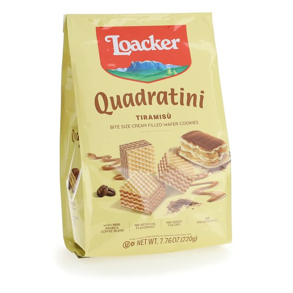 Loacker Quadratini Tiramisù bite-size Wafer Cookies| LARGE Pack of 1 | Crispy Wafers with 4 creamy layers of finest Tiramisù cream filling | great for snacks & desserts | No artificial flavorings, added colors or preservatives | 7.76 oz