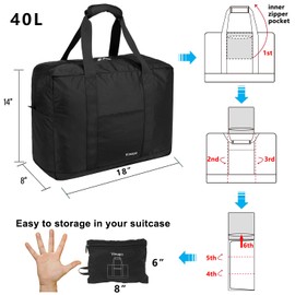 Vimapo Foldable Travel Duffle Bag with Trolley Sleeve 40L - 18x14x8 inches Airline Underseat Lightweight Travel Bag - Packable Ripstop Nylon Carry on Bag (Black)
