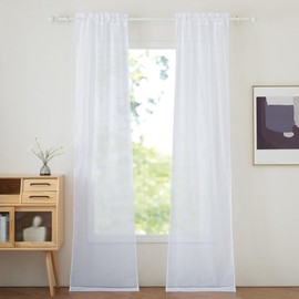PONY DANCE Window Curtain Balcony Door French Door Curtain with Rod Pull Width 60 x Height 240 cm Voile Curtain Transparent Curtain White with Rod Pull