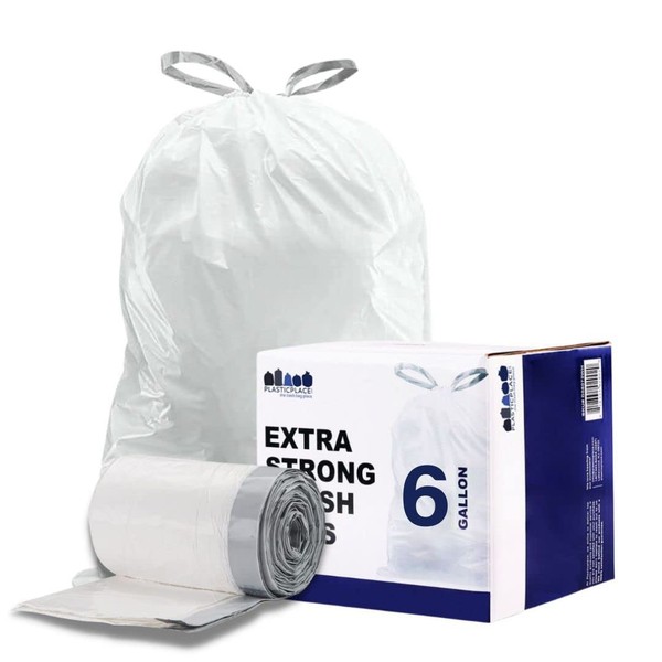 Plasticplace 6 Gallon Trash Bags, 0.7 Mil, White Drawstring Garbage Can Liners, 17" x 20" (200 Count)