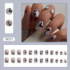 Press on Nails Short with Swirl Lines Designs, 24Pcs Full Cover Reusable False Nails with Glue, Artificial Square Fingernails Acrylic Fake Nails for Women, Girls Stick on Nails with Charm Decorations
