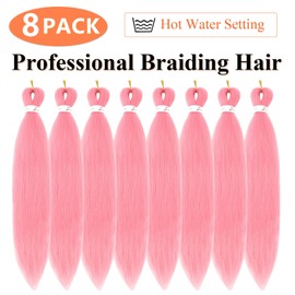 Pink Braiding Hair 24Inch 8 Packs Braiding Hair Pre Stretched Long Braiding Hair For Twist Or Box Braids Pre Stretched Braiding Hair For Crochet Braids Hot Water Setting Soft Yaki Texture(24Inch,Pink)