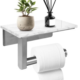 Toilet Paper Holder with Marble Shelf, SUS304 Stainless Steel Wall Mounted Toilet Paper Holder, Marble Top Toilet Paper Holder Brushed
