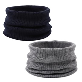Bamery Kids Knit Scarf Boys Girls Neck Warmer Soft Warm Infinity Scarf Neck Gaiter for Fall Winter 2-Pack (Navy+Gray)