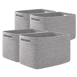 OIAHOMY 4 Pack Storage Baskets for Organizing, Cube Storage Bins for Shelves, Rectangle Storage Baskets With Handles, Woven Baskets for Storage, 12.7''Lx9''Wx7.8''H, Grey