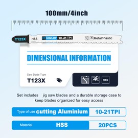 MUOZLOP 20pcsT123X Jigsaw Blades，10-21TPI Jig Saw Blades with Storage Case,T-Shank jig Saw Blades for Metal and Plastic Cutting (20pcsT123X)