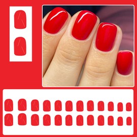 Posyofet 24Pcs Red Glossy Square ABS False Nails, Full Cover, Press On, Reusable, Short Designs, Women's Nails