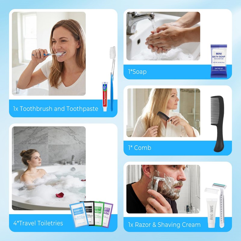 Personal Hygiene Kit Bulk Pack of 100,Blue 13-IN-1 Travel Size